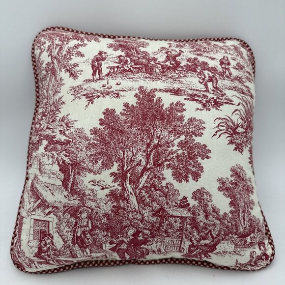 Red white Toile Throw Pillows French Country Check Piping 15" x 15" Farm - Picture 1 of 7